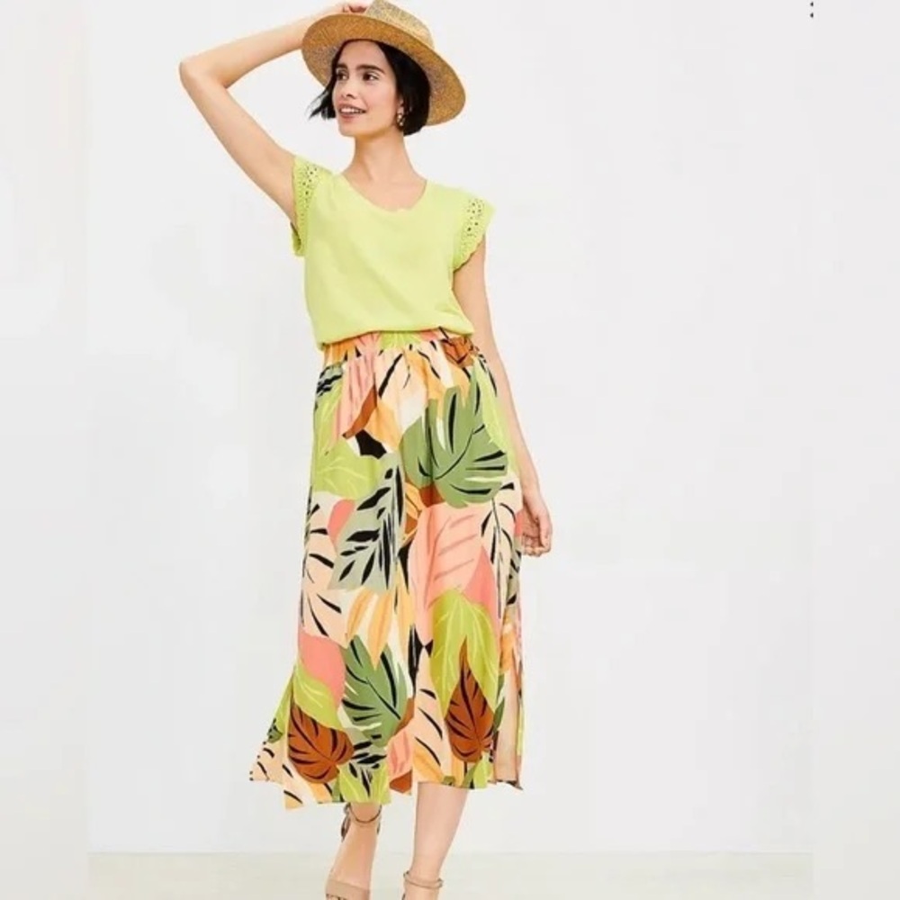 LOFT Tropical Palm Leaf Midi Skirt Size L Elastic Waist A-Line